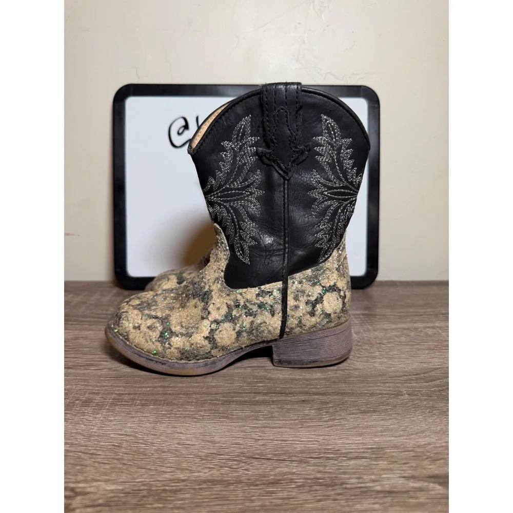 Roper Boots Western Glitter Floral Black Gold Toddler Size 7